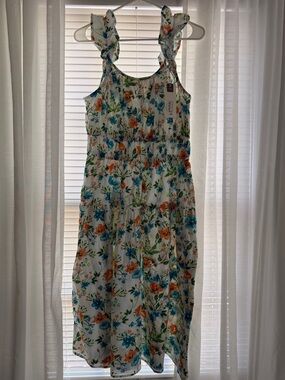 Floral Ruffle-Strap Midi Dress - White with Orange & Blue Flowers